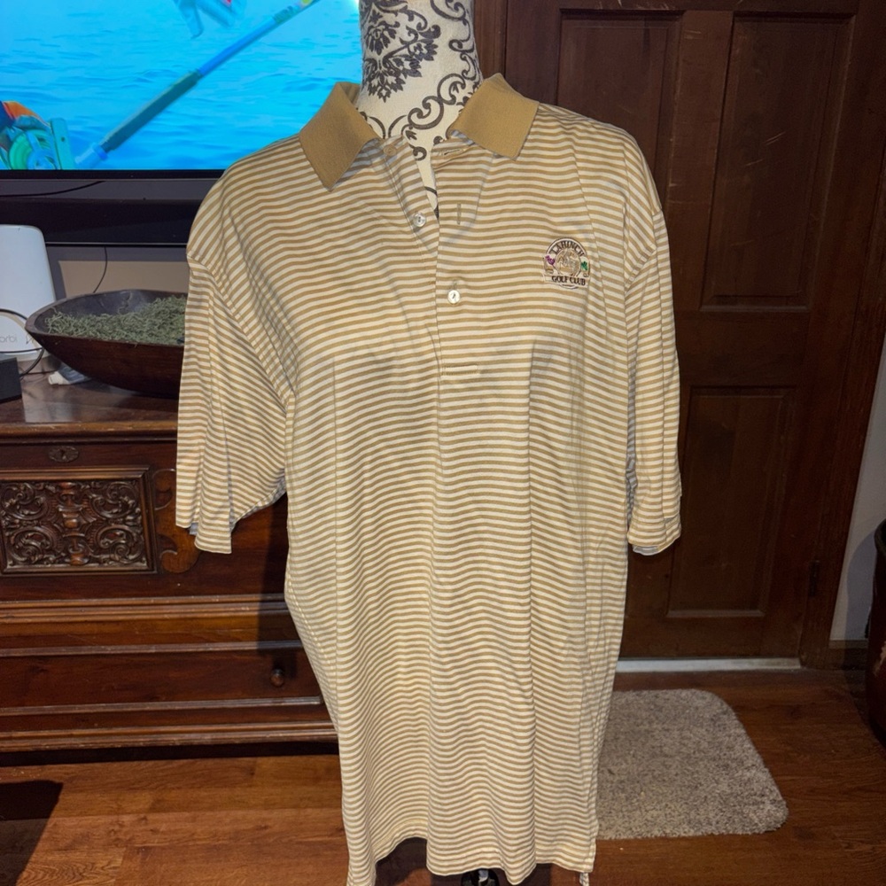 Peter Millar Tan and White Striped Polo Shirt